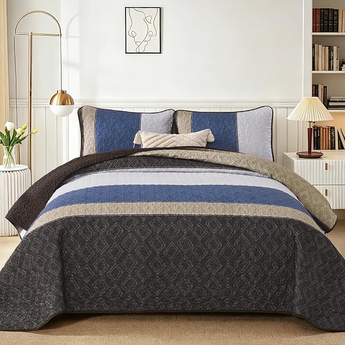 Cottolester Quilts Queen Size,Brown Blue Striped Bedspread Coverlet Set | Modern Striped plaid Pattern Design,Ultra Soft Lightweight Microfiber Quilted Bedding Sets for All Seasons 110"x90"