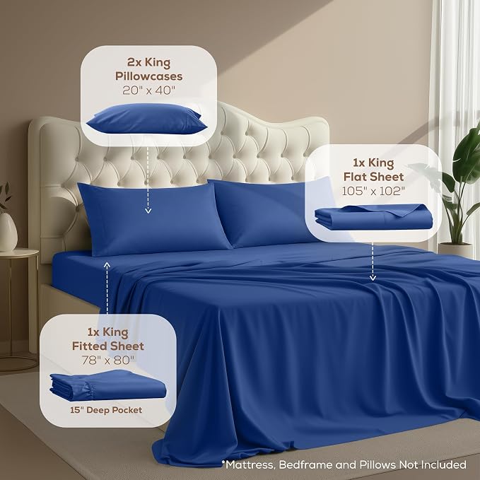 King Sheets Set, 4 Pieces 16" Deep Pocket Hotel Luxury Sheets, Royal Blue | Extra Soft Bedsheet Set, Comfy & Breathable Cooling Sheets, Wrinkle & Fade Resistant, Fitted Sheet, Flat Sheet, 2 Pillowcases