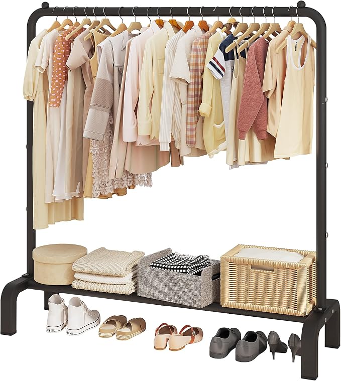 JIUYOTREE Garment Rack Clothing Clothes Rack for Clothes Organizing Black | Metal 43.3 Inches Garment Rack Clothing Clothes Rack with Bottom Shelf for Hanging Clothes Coats Skirts Shirts Sweaters Black