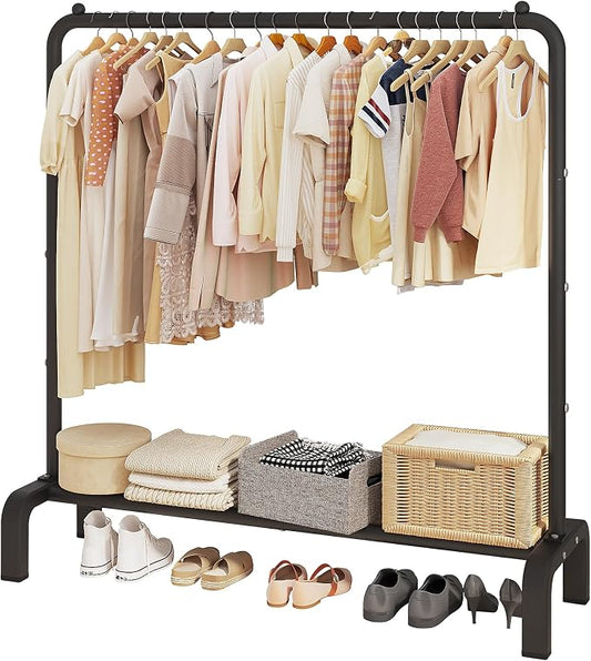 JIUYOTREE Garment Rack Clothing Clothes Rack for Clothes Organizing Black | Metal 43.3 Inches Garment Rack Clothing Clothes Rack with Bottom Shelf for Hanging Clothes Coats Skirts Shirts Sweaters Black