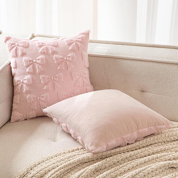 MIULEE Light Pink Bow Pillow Covers Coquette Room Decor 20x20 | Aesthetic Decorative Cute Girl,Set of 2 Cushion Covers,Soft Plush Faux Pillowcases,Preppy Room Decor Bedroom Couch