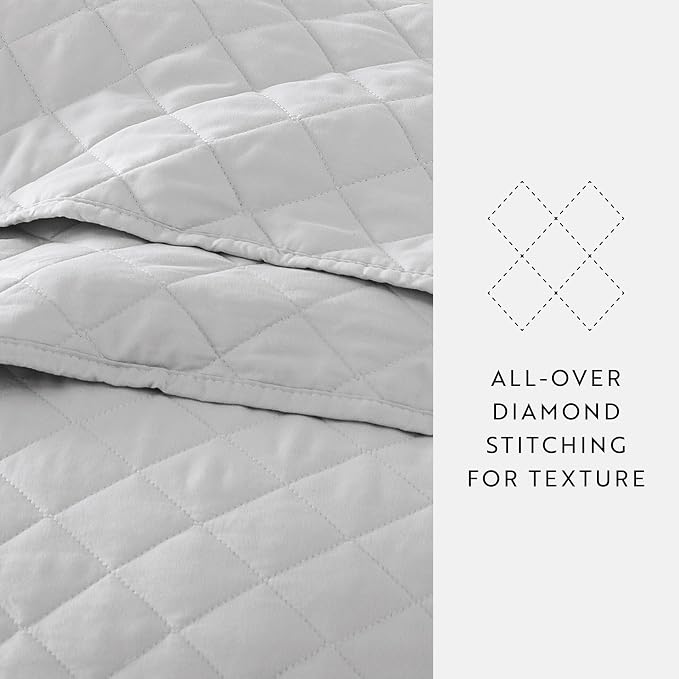 Merit Linens Modern Quilt Coverlet Soft Set in Diamond Stitching - Twin/TwinXL Light Gray