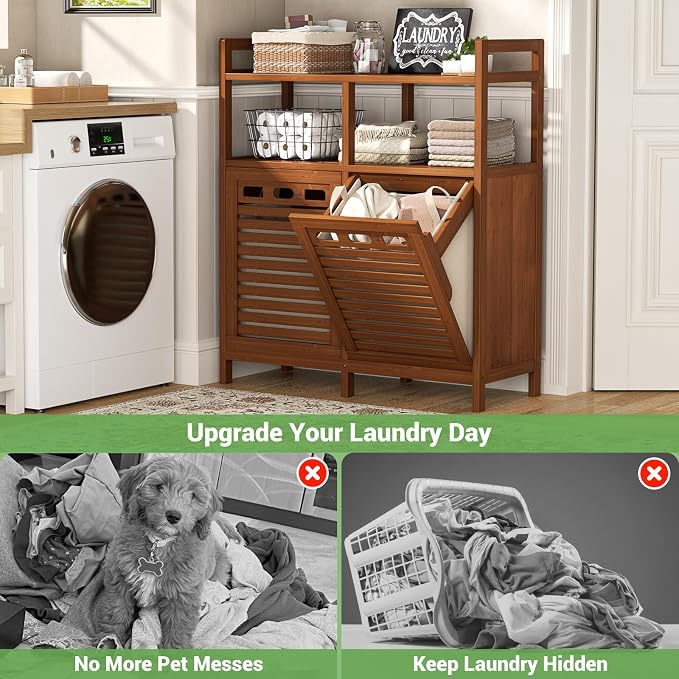 Homykic Tilt Out Laundry Hamper Cabinet, Bamboo Laundry Organizer, Walnut | 20 Gal Laundry Sorter with 2 Removable Liner Bags, Hidden Clothes Hamper with Shelf for Laundry Room, Bathroom, Closet