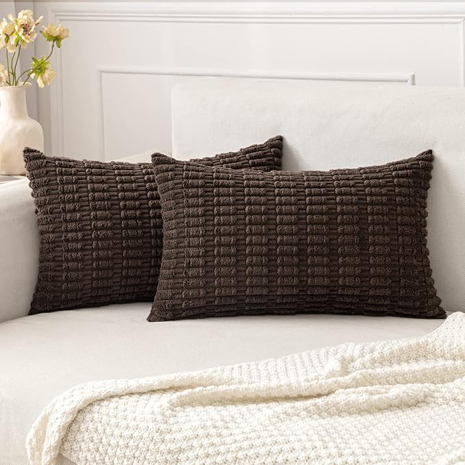 MIULEE Lumbar Corduroy Decorative Throw Pillow Covers 12x20 Dark Brown | Pack of 2 Soft Boho Striped Pillow Covers Modern Farmhouse Fall Home Decor For Sofa Living Room Couch Bed