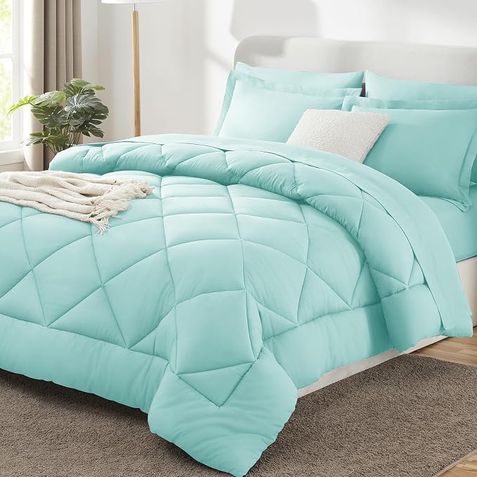 Oversized King Size Comforter Set Spa Blue - 7 Pieces Bed in a Bag | OEKO-TEX Certified, All Season, 240GSM Down-Alternative Comforter, Sheets, Pillowcases & Shams, 14" Deep Pocket, Easy Care