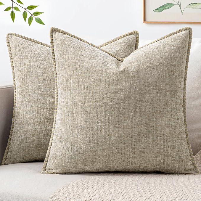 MIULEE Decorative Couch Throw Pillow Covers 20x20 Inch Light Taupe 2 Pack | Neutral Farmhouse Pillow Covers with Stitched Edge, Soft Chenille Cushion Cases, for Sofa Bed Living Room Home Decor