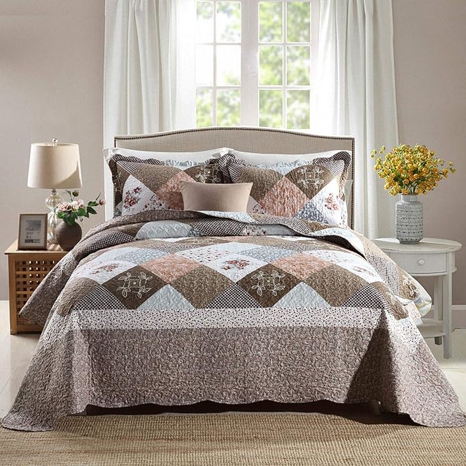 Quilt Bedspread Sets-Checkered Floral Reversible Coverlet Set,Queen Size