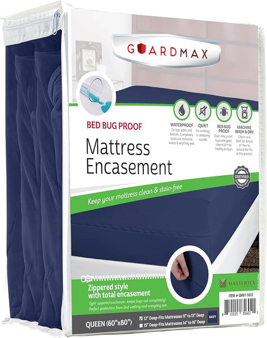 Guardmax Queen Mattress Encasement with Zipper, Waterproof, Bed Bug Proof, and Dust Mite Proof Mattress Protector for Queen Size Bed up to 12" Deep, Zippered All Around Jersey Knitted Mattress Cover