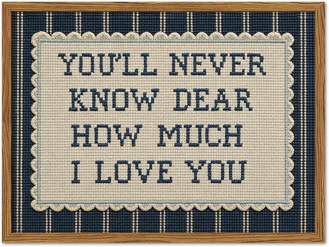 Framed You'll Never Know Dear How Much I Love You Wall Art, Vintage Nursery Blue Striped Pictures Wall Decor, Inspirational Quote Paintings Canvas Prints for Baby Boy Bedroom Living Room 12x16 inch