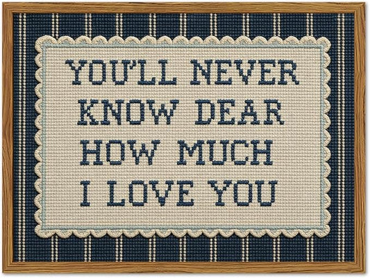 Framed You'll Never Know Dear How Much I Love You Wall Art, Vintage Nursery Blue Striped Pictures Wall Decor, Inspirational Quote Paintings Canvas Prints for Baby Boy Bedroom Living Room 16x24 inch