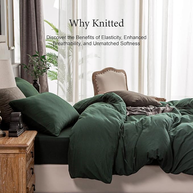 PURE ERA Jersey Knit Sheet Set Solid Forest Green California King | 100% Cotton, 3 Piece Set, T Shirt Soft, Breathable, Envelope Closure Pillowcases, Hidden Zipper, 8 Ties, No Insert, Modern