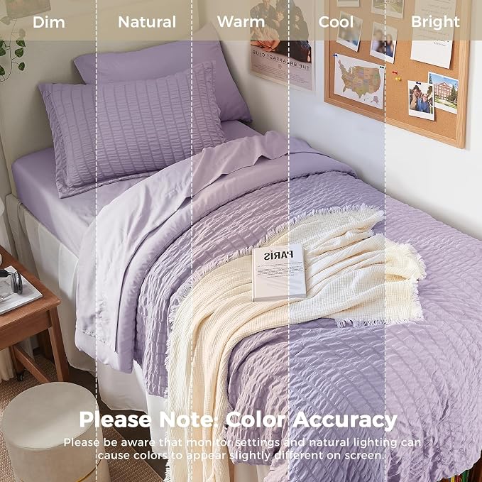 HYMOKEGE Lavender Twin Comforter Set Seersucker 5 Pieces, All Season Luxury Bed in a Bag for Bedroom, Bedding Set with Comforters, Sheets, Pillowcase & Shams
