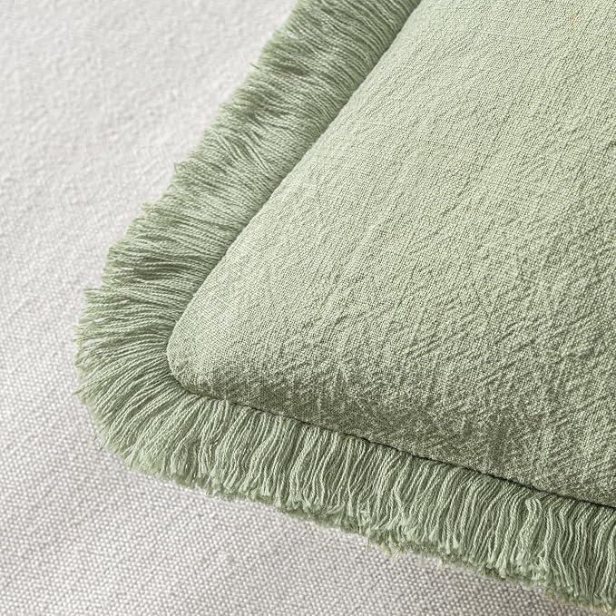 MIULEE Linen Fringe Decorative Euro Throw Pillow Covers Sage Green 24x24 | Set of 2, Cottagecore Decor, Boho Farmhouse Neutral Pillow Covers, Rustic Couch Cushion Cases for Sofa Bed Living Room