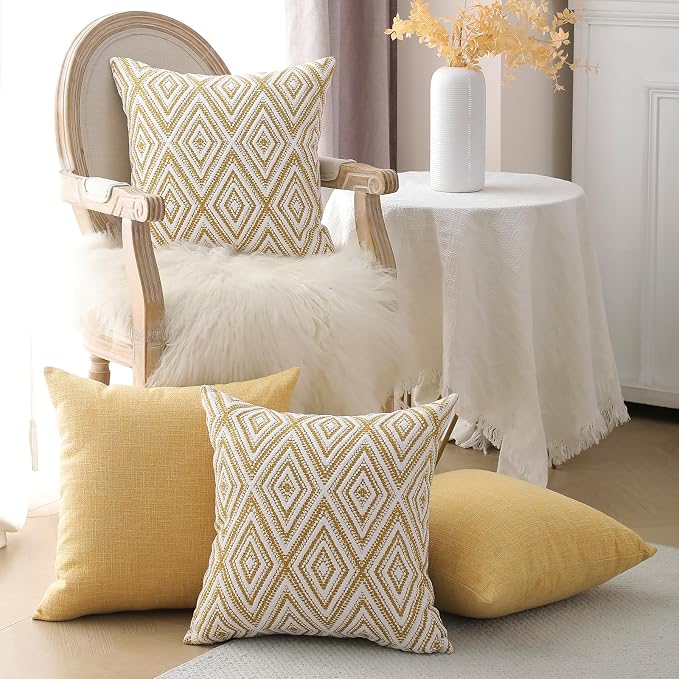 HPUK Throw Pillow Covers 20x20, 4 Pack, Ochre Textured Couch Pillow Covers | Polyester fabric, patterned and solid designs, hidden zippers, machine washable, for sofas and beds, inserts not included