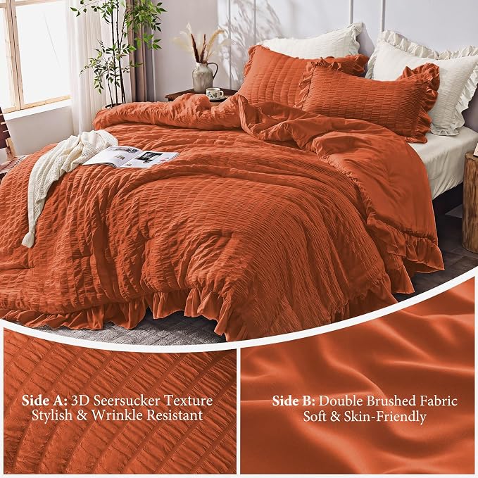 JOLLYVOGUE Burnt Orange Comforter Full Size, 3 Pieces Seersucker Lightweight Full Size Bedding, All Season Fluffy Microfiber Bedding Comforter Set with 1 Ruffle Comforter and 2 Ruffle Pillowshams