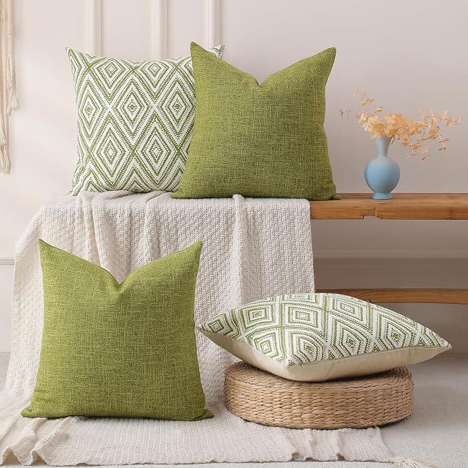 HPUK Throw Pillow Covers 20x20, 4 Pack, Green Textured Couch Pillow Covers | Polyester fabric, patterned and solid designs, hidden zippers, machine washable, for sofas and beds, inserts not included