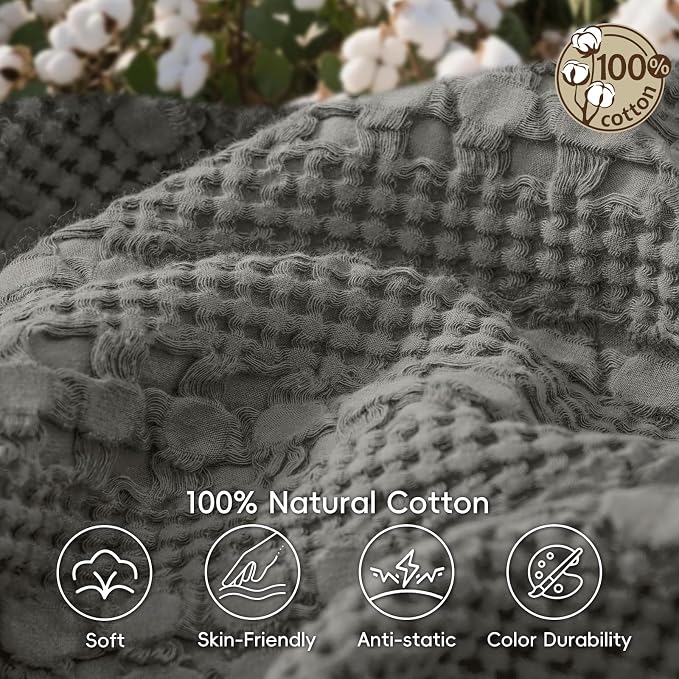 PHF Lightweight 100% Cotton Waffle Throw Blanket for Couch, Dark Grey | Pre-Washed Soft Cotton Comfort, Breathable Layering Warmth for Fall & Winter, Office, Travel, Sofa, Home Decor & Gifts
