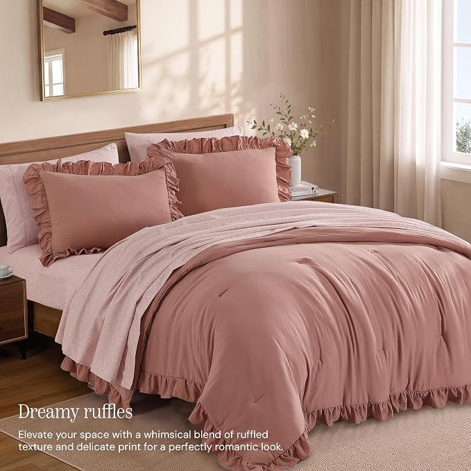 Full Size Comforter Sets-7 Pieces Ruffle Bedding Floral Sheet | Pink Lace Bed in a Bag, Soft Lightweight All Season Farmhouse Full Size Bedding Sets with Floral Sheets, Pillowcases & Shams