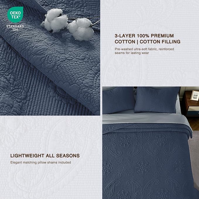 GOONE 100% Cotton Quilt King Size Bedding Quilt Sets 108x98 in, Dusty Blue | Lightweight Breathable Bedspread & 2 Pillow Shams, 3-Piece Floral Medallion Stitch Country Quilted Coverlet for All Season