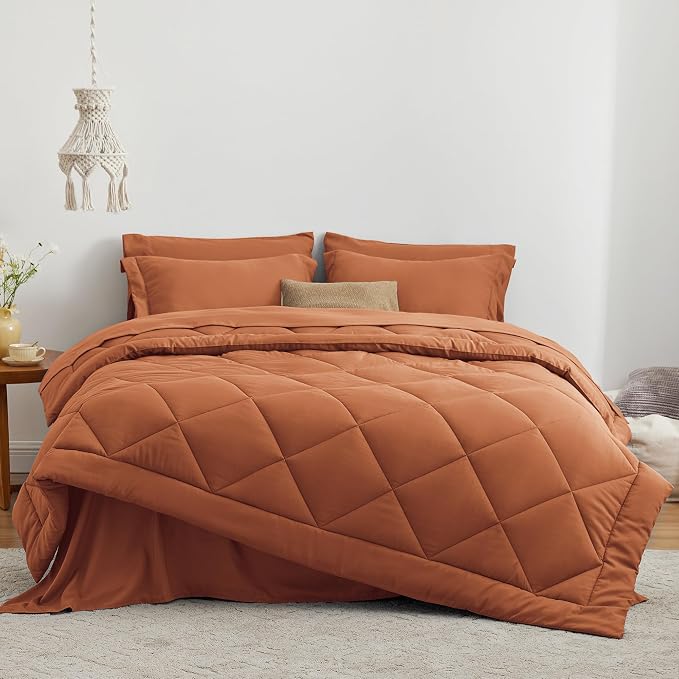 Love's cabin King Size Comforter Set Terracotta, 7 Pieces King Bed in a Bag, All Season Bedding Sets with 1 Comforter, 1 Flat Sheet, 1 Fitted Sheet, 2 Pillowcase and 2 Pillow Sham