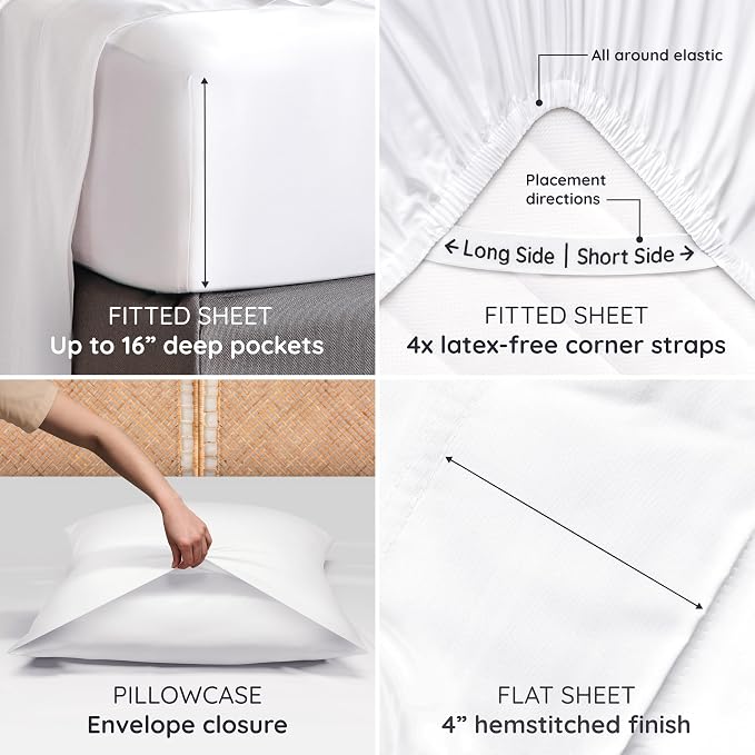 Bambaw 100% Viscose Derived from Bamboo Sheets Queen Size Deep Pocket Set – 4pcs Soft Cooling Sheets Queen Size, Fits Up to 16'' with Elastic Corner Straps, Hotel Luxury Bed Sheets Set (White)