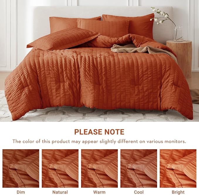 7 Pieces Oversized King Comforter Set, Seersucker Bed in a Bag Oversized King Size, All Season Luxury Bedding Set with Comforter, Flat Sheet, Fitted Sheet, Pillowcases & Shams, Burnt Orange
