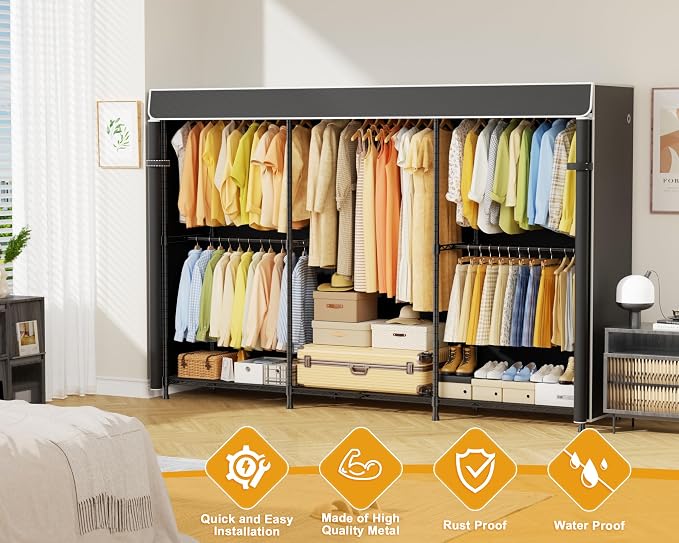 ULIFHOME E14C Max Heavy Duty Closet Organizer System，Freestanding Clothing Racks for Hanging Clothes，Adjustable Garment Rack 86" W × 16" D × 77" H Hold 1060 lbs，Black Rack with Black Cover