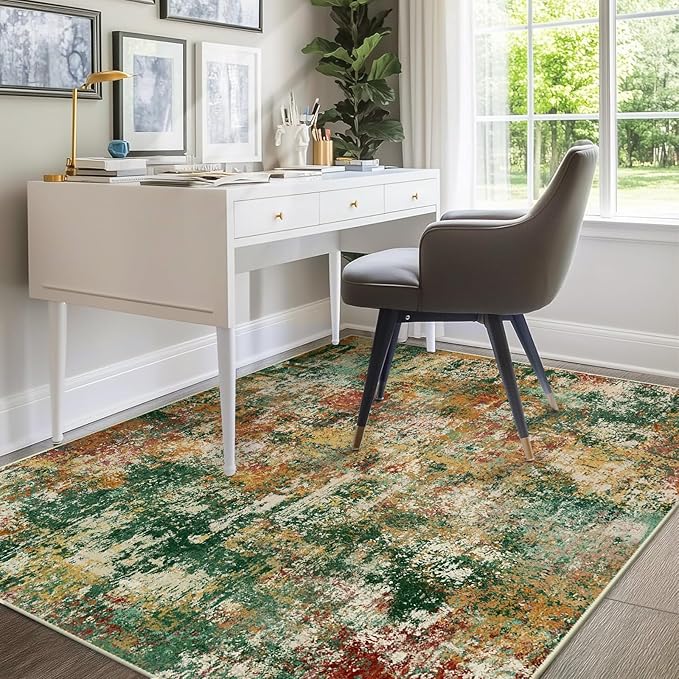 RELEANY Washable 5'x7' Abstract Area Rug for Living Room Green Multi | Carpet for Bedroom, Kitchen, Office, Hallway and Entryway, Printed Pattern, Non‑Slip, Soft, Stain‑Resistant, Easy to Clean