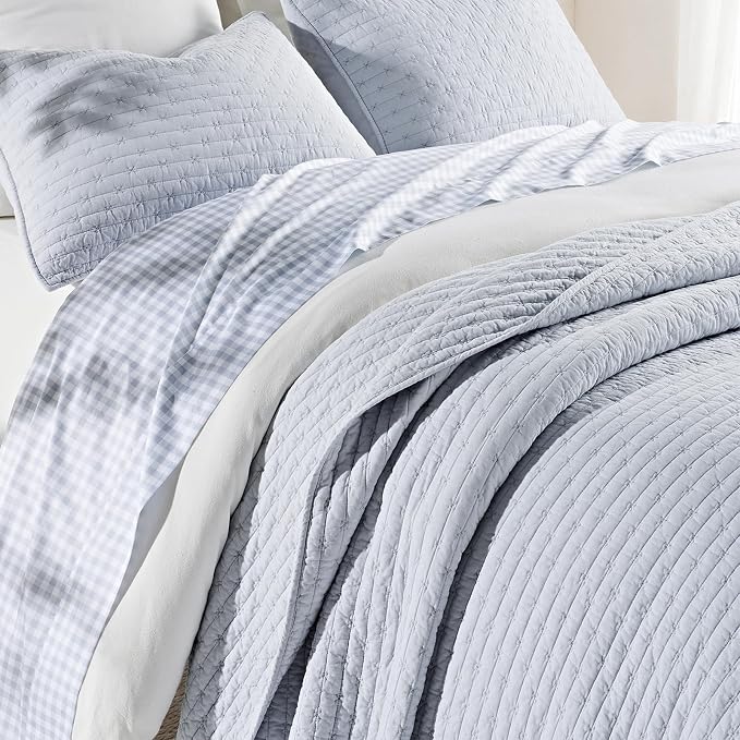 100% Cotton Cross Stitch 3-Piece Quilt Set, King, Powder Blue | 100% Cotton, Elegant Cross Stitch, Soft & Breathable, Prewashed Softness, Oversized Design, OEKO-TEX® Certified