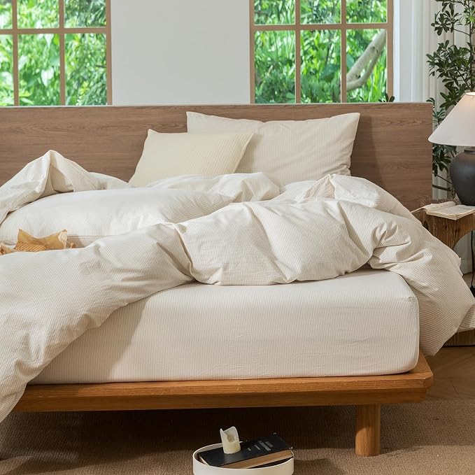 MooMee Striped Duvet Cover Set 100% Washed Cotton Linen Like Queen | Relaxed Linen-like Texture. Soft, Breathable & Long-lasting Comfort. Lightweight. Hidden Zipper with 8 Interior Corner Ties
