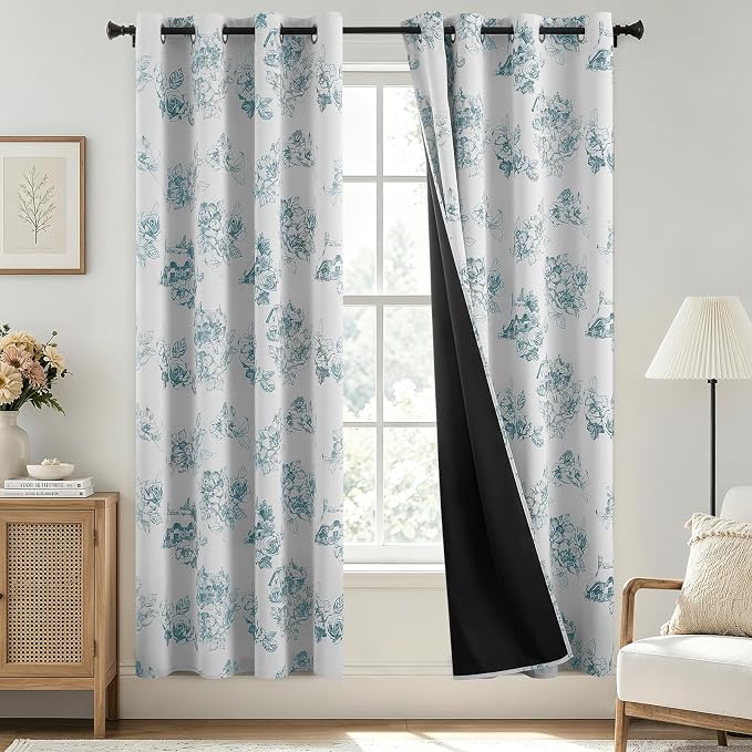 SimpleHome 100% Blackout Curtains for Bedroom Blue Curtains Floral 72 Inch | Curtains for Living Room,Farmhouse Curtains and Drapes,Grommet Printed Patterns Room Darkening Curtains,2 Panels Set,52Wx72L
