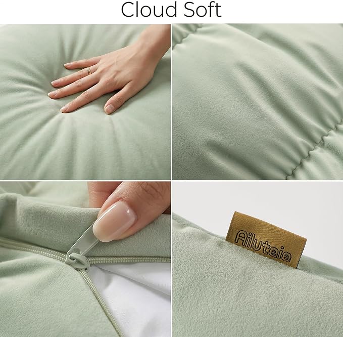 Pat. Pend. Segmented Long Bed Pillow, 47 Inch, Celadon Green | Body pillow for adults and side sleepers with a removable, washable soft velvet cover; segmented design for bed use.