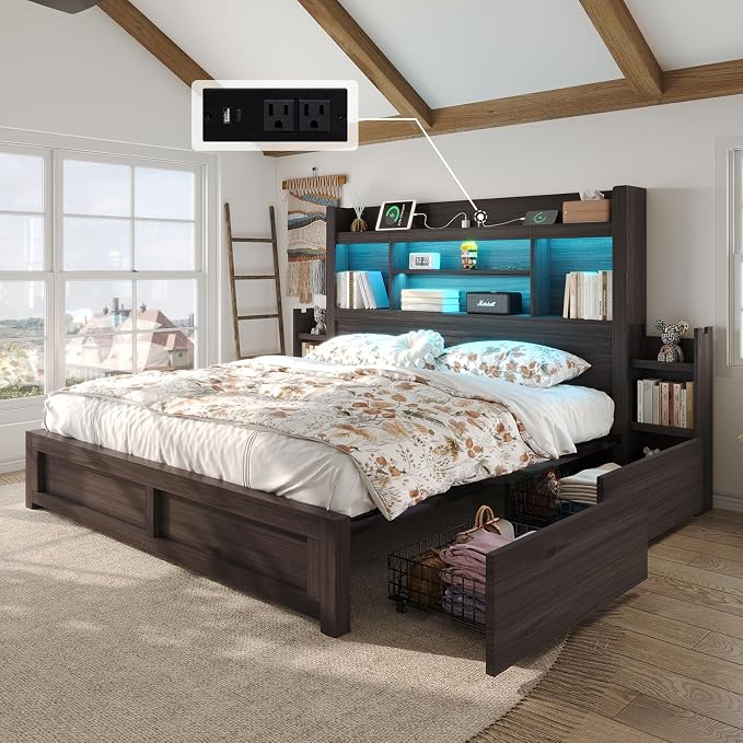 LUXOAK King Bed Frame with Storage, Bookcase Headboard, Black | 49.6" Headboard, Wood Platform Bed, Charging Station, Bedside Storage, 4 Storage Drawers, No Box Spring Needed, Farmhouse