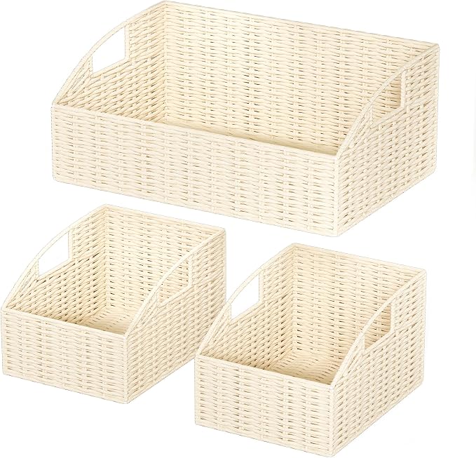 Pantry Baskets for Organizing, Wicker Storage Basket Beige | Handwoven Pantry Organizers and Storage with Built-in Handles, Laundryroom Organization Storage Bins for Snack Cans