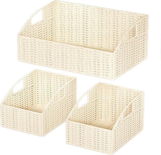 Pantry Baskets for Organizing, Wicker Storage Basket Beige | Handwoven Pantry Organizers and Storage with Built-in Handles, Laundryroom Organization Storage Bins for Snack Cans