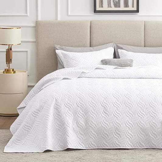 Love's cabin Twin Quilt Set White Bedspreads - Soft Bed Summer Lightweight Bedspread Comforter - Modern Style Wave Pattern Coverlet for All Season - 2 Pieces (1 Quilt, 1 Pillow Sham)