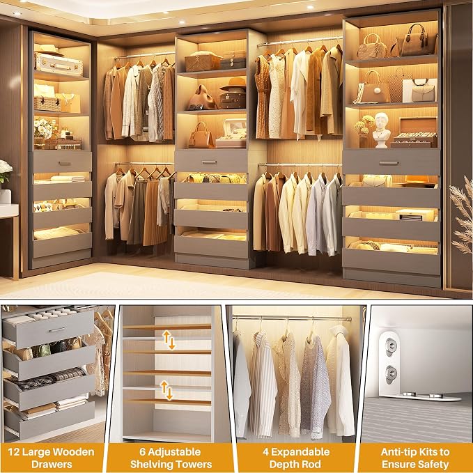Aheaplus Closet System with 12 Drawers, 8.5-11.5Ft Wood Closet Organizer | Grey Closet Storage with 4 Hanging Rods & 3 Towers, 4Ft & 6Ft L-Shaped Walk-in Closets Wardrobe Organizer, Set of 3