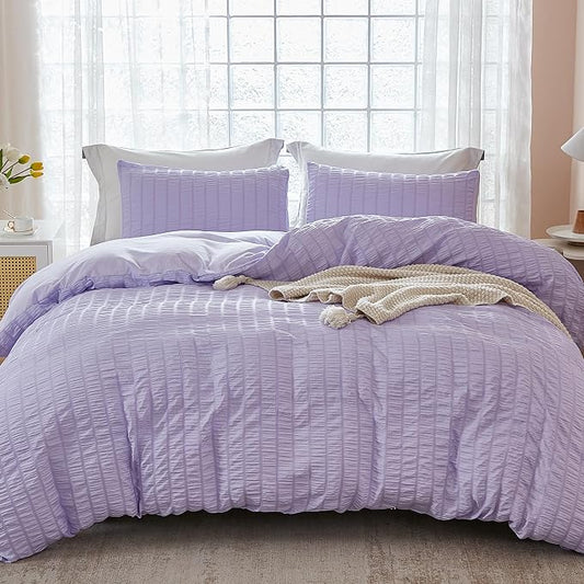 AveLom Lavender Purple Seersucker Duvet Cover Set Queen (90 x 90 inches), 3 Pieces (1 Duvet Cover + 2 Pillow Cases), Ultra Soft Washed Microfiber, Textured Duvet Cover with Zipper Closure, Corner Ties