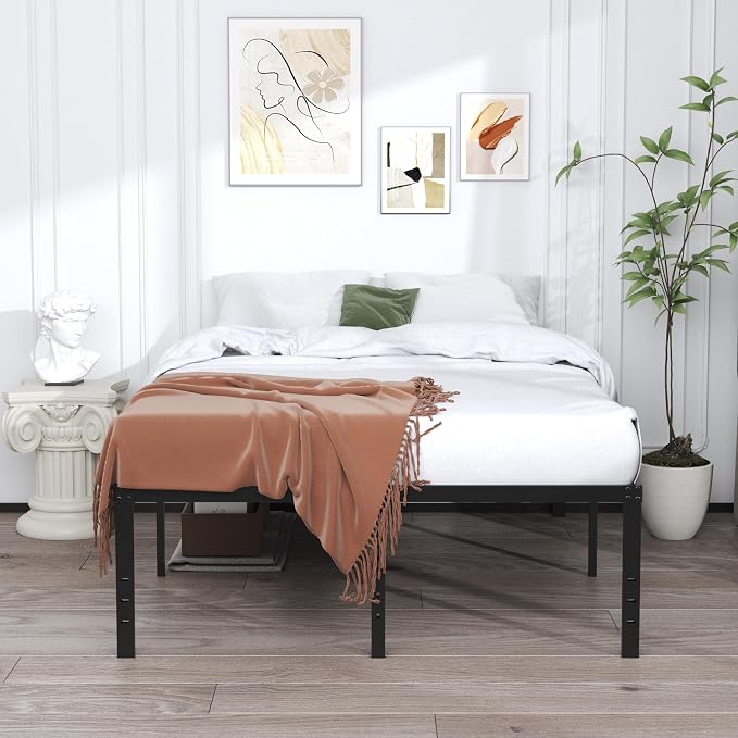 EMODA 20 Inch Queen Bed Frame No Box Spring Needed | Heavy Duty Metal Tall Platform Bed Frame Queen Size with Large Storage Space, Easy Assembly, Black