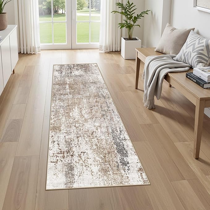 UERMEI 2x6 Washable Runner Rug for Hallway, Non Slip Low Pile Kitchen Carpet, Neutral Modern Abstract Indoor Floor Mat for Entryway Laundry, Kid & Pet Safe High Traffic Area, Brown/Grey/Red
