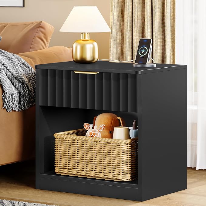 Fluted Nightstands Set of 2, Night Stand with Charging Station and LED Light, Nightstand with Storage Drawer and Open Shelf, Bedside Table for Small Space, Bedroom, Black