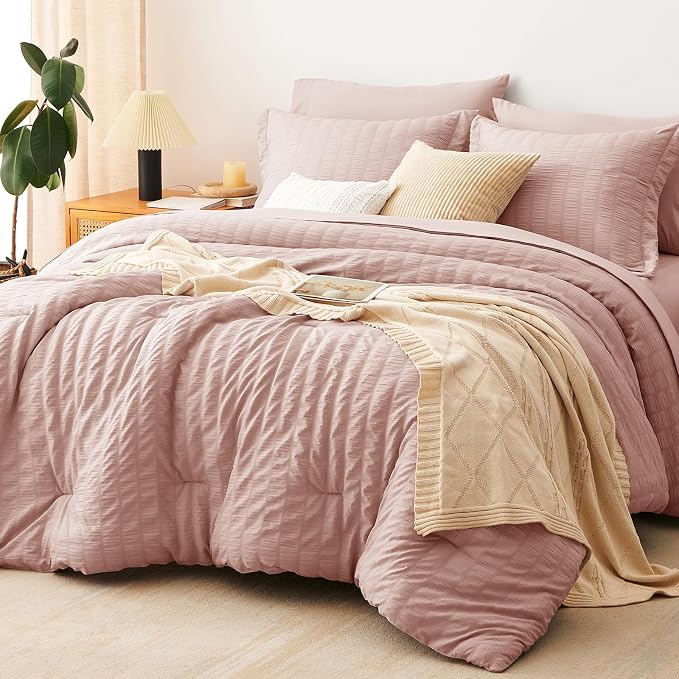 Queen Comforter Set, 7 Pieces Rose Gold Seersucker Bed in a Bag | OEKO-TEX Certified, All Season Bedding Set with 240 GSM Down Alternative Comforter, Flat & Fitted Sheets, Pillowcases & Shams