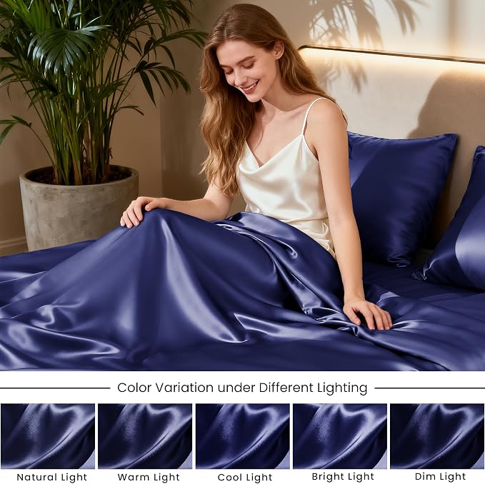 Love's cabin Twin XL Satin Sheet Sets - 3 Piece Navy Blue Silky Bed Sheets with Deep Pockets, Luxury Silk Feel Satin Sheet Set Twin XL (1 Flat Sheet,1 Fitted Sheet,1 Pillow case)