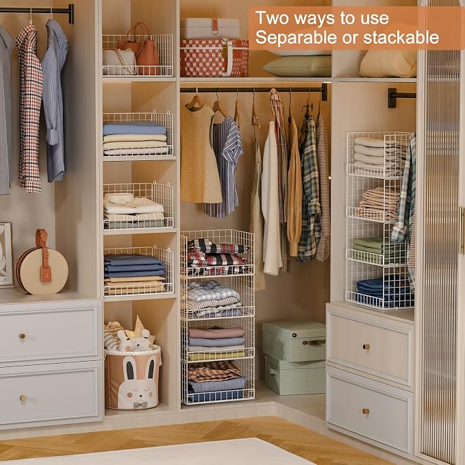 Yociyoga 4-Tier Stackable Closet Organizers and Storage Basket, Foldable Closet Shelf Organizer System, Space-Saving Clothes Storage Drawer Organizer for Wardrobe, White (Patent 30022416)