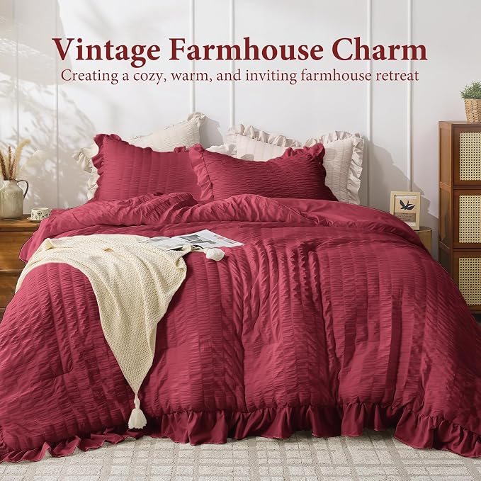 JOLLYVOGUE Burgundy Queen Comforter Set, 3 Pieces Seersucker Comforters Queen Size, Lightweight & Fluffy Bedding Sets for All Season with 1 Ruffle Comforter and 2 Ruffle Pillowshams