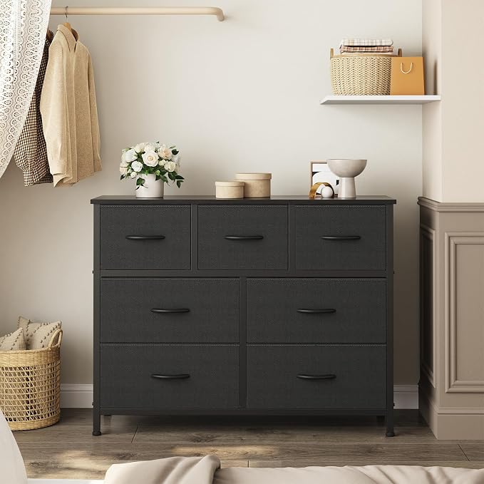 OLIXIS Black Dresser for Bedroom with 7 Fabric Drawers Storage Organizer | Wardrobe Closet for Clothes Storage, Steel Frame & Wooden Top, Cabinet Vertical Dresser for Living Room, Entryway Hallway
