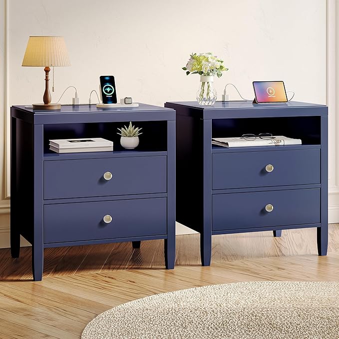 Huuger Blue Nightstand Set of 2, Night Stand with Charger Station | Bedside Table with 2 Drawers, Bed Side Tables for Bedroom, Modern Nightstands, Metal Knobs, Painted Surface