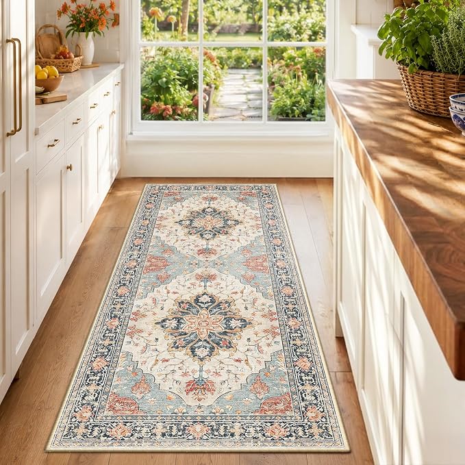 RELEANY Washable Area Rug, Runner 2'x6', Beige/Blue/Orange | Non-Slip, Water Repellent, Pet Friendly, Easy to Clean, Vintage Floral Boho Decor for Kitchen Entry Bedroom Bedside Laundry