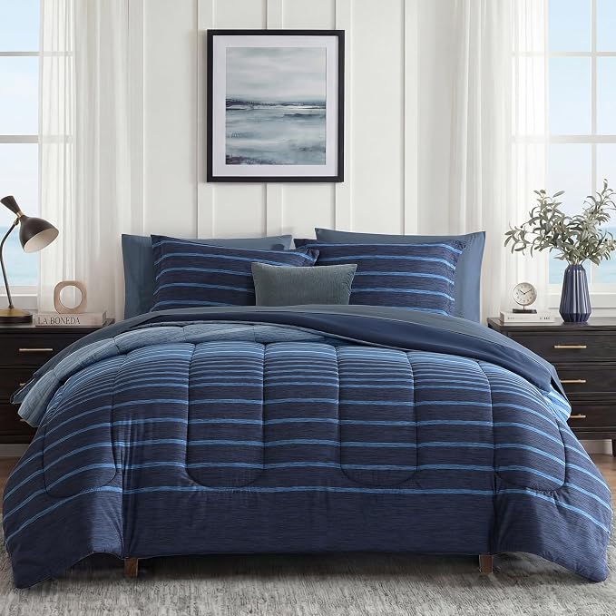 Monbix King Size Comforter Set, 7 Pieces Soft Bed in a Bag King Bedding Set | All Season Navy Blue Striped Reversible Comforter with Sheets, Pillowcases & Shams