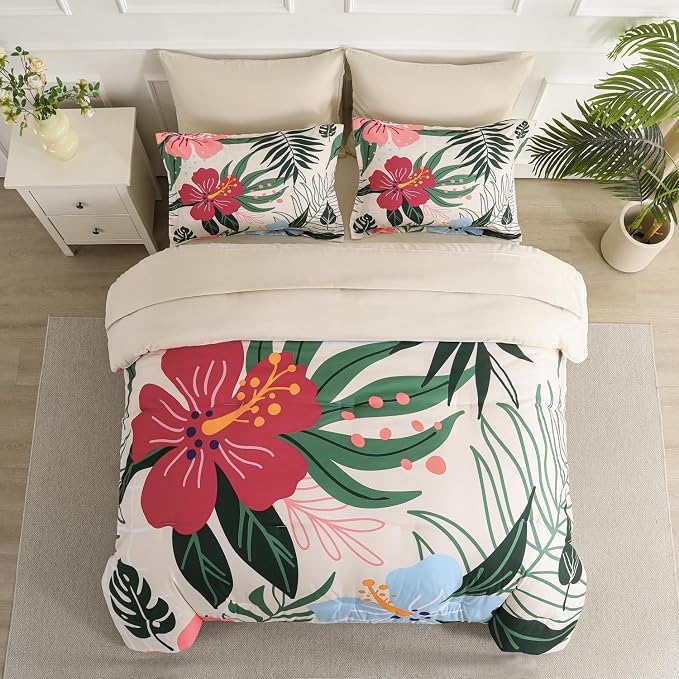Yogeneg 7 Piece Bed in a Bag Queen Size Comforter Set Beige Bedding Set,Pink Floral Green Leaves Pattern Reversible Design,Soft Microfiber Comforter with Sheet Set,All Season(Beige,Queen)